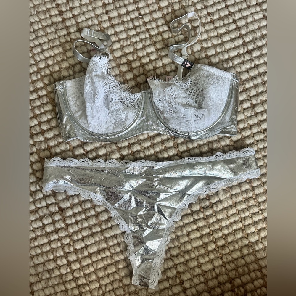 NWT Victoria’s secret Silver and White Lace Intimate Set
